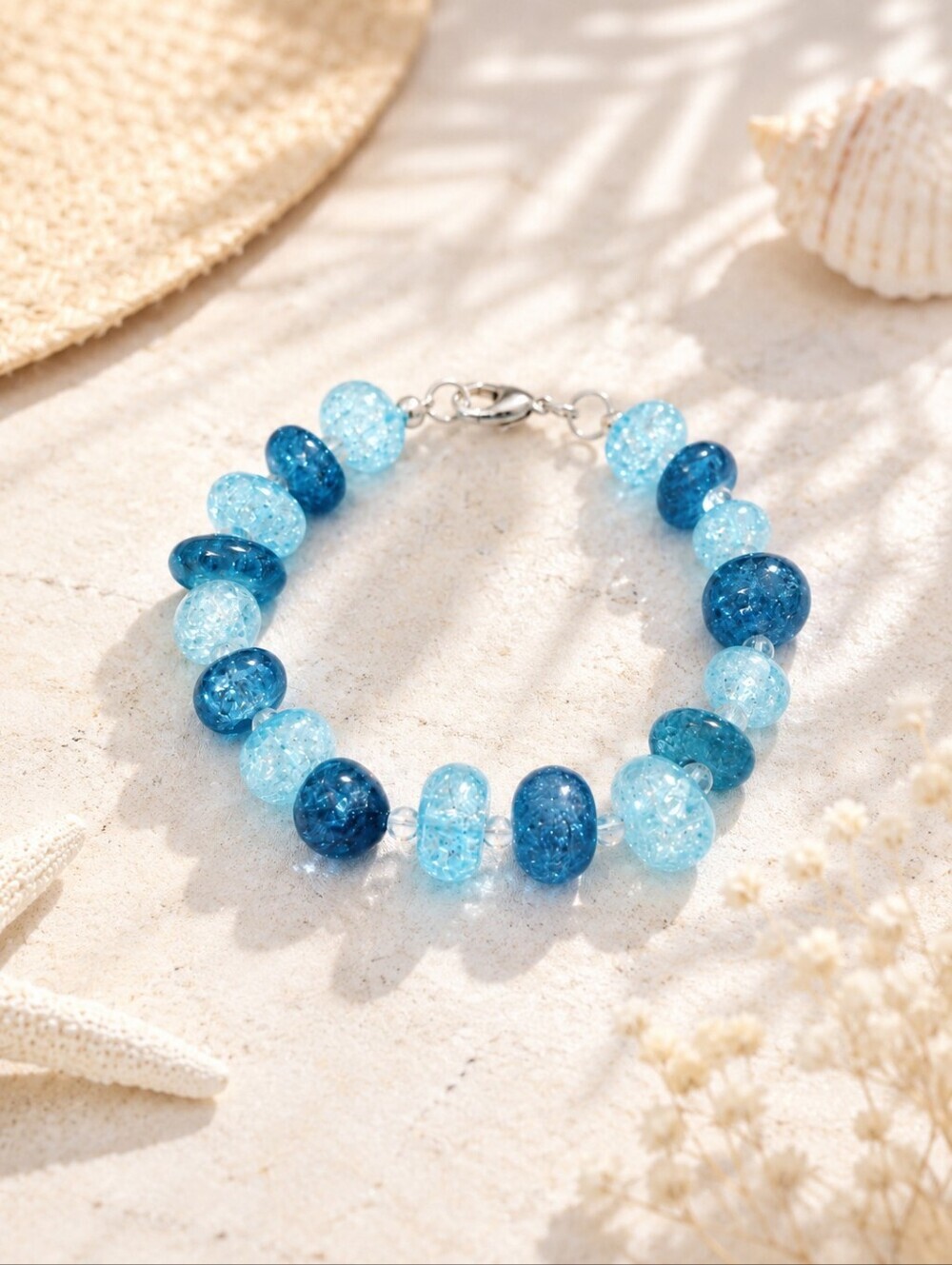 Blue and Aqua Crackle Glass Beaded Bracelet - 8 Inch / Handmade Beaded Bracelet